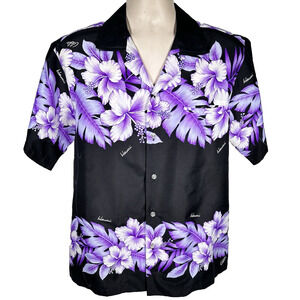 Vintage Orchid Fashion Mens L Hawaiian Shirt Hibiscus Black Purple Retro Tiki